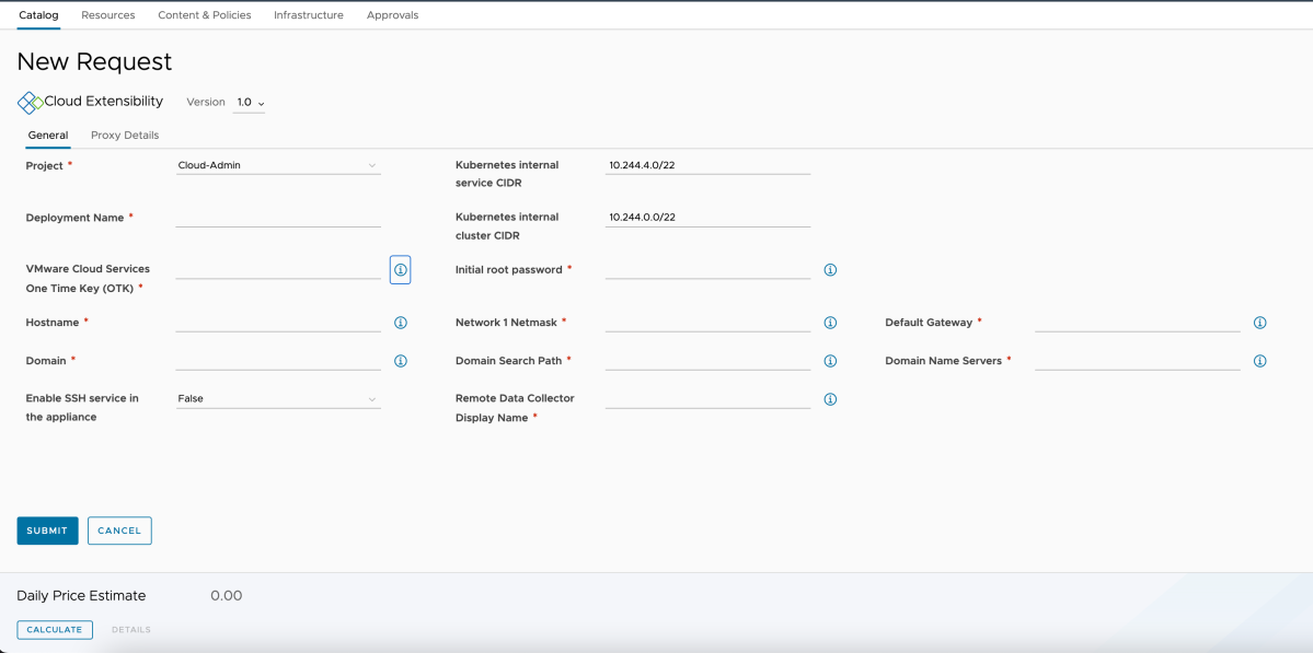 How to deploy Aria Automation(VRA) Cloud extensibility proxy appliance  using self Service catalog